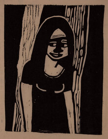 Artwork, other - [Girl in Black Dress Standing between Two Trees] c.1962, Tina Lawton