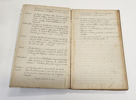 Internal pages of minute book with handwritten meeting minutes.