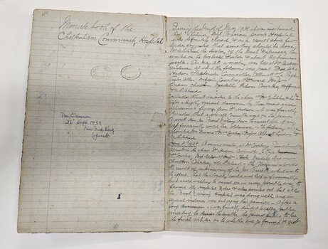 Handwritten minutes from a meeting of the Cheltenham Community Hospital committee