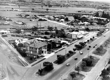 An aerial view of Moorabbin Council Chambers with the train station in the background