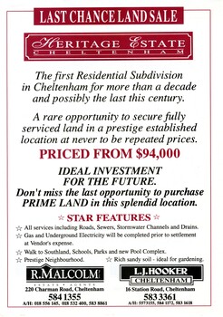 Sales pamphlet for newly subdivided land in the suburb of Cheltenham