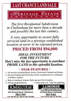 Sales pamphlet for newly subdivided land in the suburb of Cheltenham