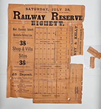 Sales plan for land in the suburb of Highett on bright orange paper