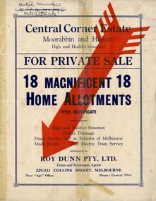 Front cover of land sales pamphlet for Central Corner Estate in Moorabbin and Highett
