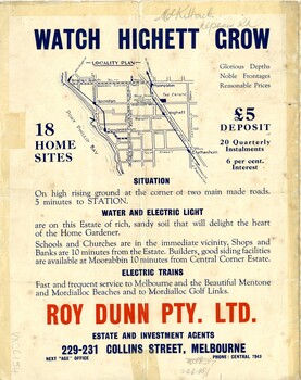Back cover of land sales pamphlet for Central Corner Estate in Moorabbin and Highett