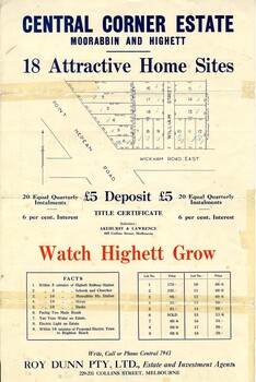 Inside pages of land sales pamphlet for Central Corner Estate in Moorabbin and Highett