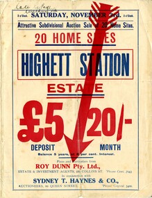 Land sales pamphlet advertising 20 home sites available for purchase in Highett Station Estate