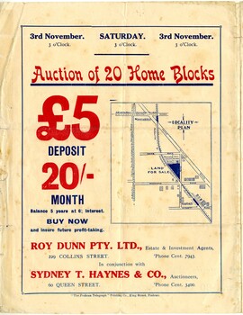 Land sales pamphlet advertising 20 home sites available for purchase in Highett Station Estate