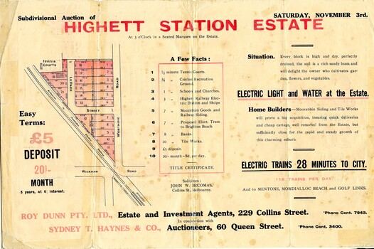 Land sales pamphlet advertising 20 home sites available for purchase in Highett Station Estate