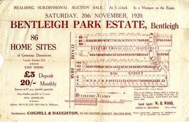 Land sales pamphlet advertising 86 home sites available for purchase in Bentleigh Park Estate