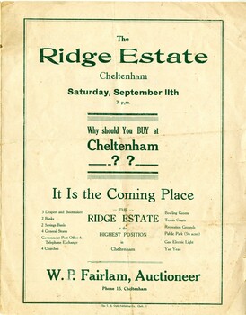 Land sales pamphlet advertising subdivisions available for purchase in The Ridge Estate, Cheltenham