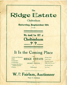 Land sales pamphlet advertising subdivisions available for purchase in The Ridge Estate, Cheltenham