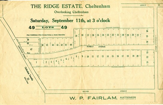 Land sales pamphlet advertising subdivision lots available for purchase in the Ridge Estate Cheltenham