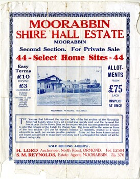 Land sales pamphlet advertising 44 home sites available for purchase in the Moorabbin Shire Hall Estate Second Section