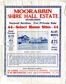 Land sales pamphlet advertising 44 home sites available for purchase in the Moorabbin Shire Hall Estate Second Section