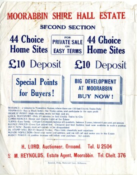 Land sales pamphlet advertising 44 home sites available for purchase in the Moorabbin Shire Hall Estate Second Section