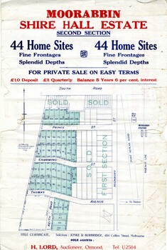 Land sales pamphlet advertising 44 home sites available for purchase in the Moorabbin Shire Hall Estate Second Section