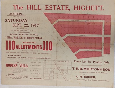 Land sales pamphlet advertising 110 allotments available for purchase in The Hill Estate, Highett