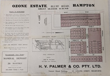 Land sales pamphlet advertising home sites available for purchase in the Ozone Estate, Bluff Road Hampton