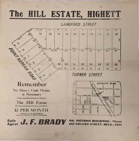 Land sales pamphlet advertising sites available for purchase in The Hill Estate, Highett