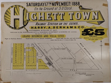 Land sales pamphlet advertising business and residential sites available for purchase in Highett Town