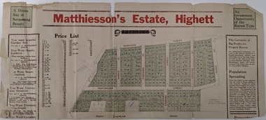 Land sales pamphlet advertising sites available for purchase in Matthiesson's Estate, Highett