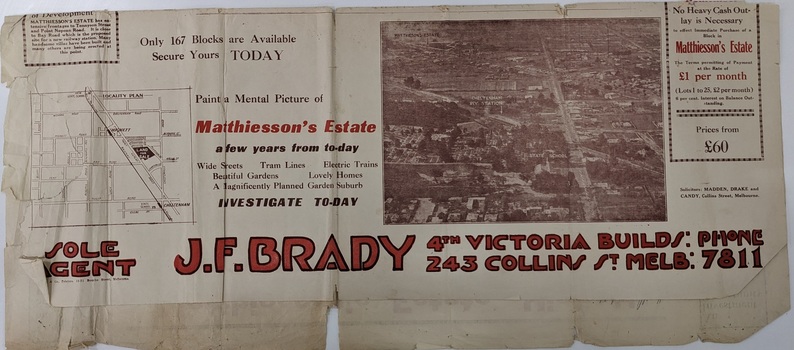 Land sales pamphlet advertising sites available for purchase in Matthiesson's Estate, Highett