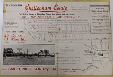 Land sales pamphlet advertising 183 home sites available for purchase in Cheltenham Estate