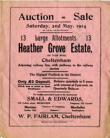 Land sales pamphlet advertising home sites available for purchase in Heather Grove Estate, Cheltenham