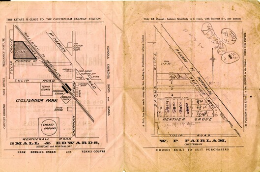 Land sales pamphlet advertising home sites available for purchase in Heather Grove Estate, Cheltenham