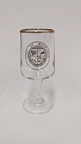 Sherry glass with gold edge and City of Moorabbin logo printed in gold