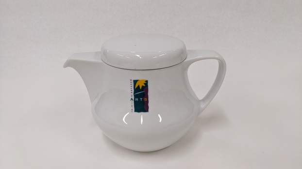 Small white teapot with purple, green and yellow Moorabbin Arts Centre Logo