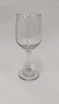 White wine glass with white Kingston Arts logo on front
