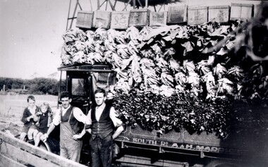 Two men standing in front of a truck fully loaded with vegetables for market.
