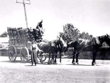 Woman standing in front of a fully loaded wagon, drawn by three horses. 