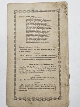 Printed call and response script for an intitiation into the Sons of Temperance