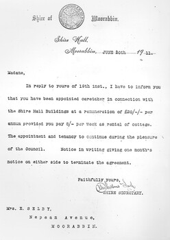 A typed letter, dated 20 June 1911, appointing Elizabeth Shelby as caretaker of Shire Hall Buildings by the Shire of Moorabbin.