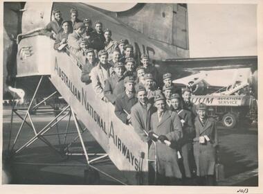 Mentone Boys boarding Skymaster, Essendon Airport, 1951, bound for Tasmania