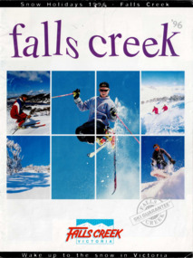 Eight grid images of skiers on white snow with blue skies. Falls Creek logo.