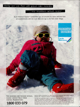 Image of a child sitting on the snow as part of an advertisement for American Express