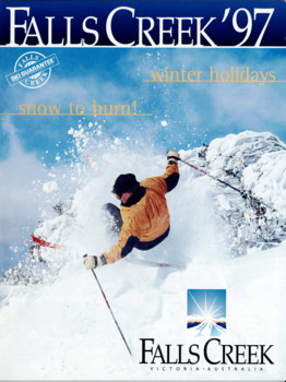 Image showing a person in yellow snow gear doing a ski jump.Falls Creek logo bottom right corner.  