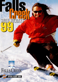 A skier dressed in a red jacket beside the Falls Creek emblem.