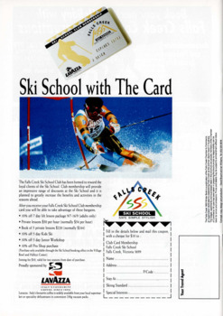 An image of a competitive skier above an advertisement for the  Falls Creek Ski School Club