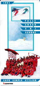 Image of two skiers at top and large group of skiers in red in front of ski school sign at the bottom with text.