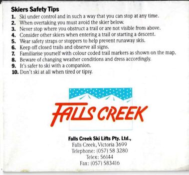 A list of skier safety tips above the Falls Creek logo