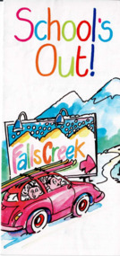 Cartoon of a people laden car driving up a road past a sign to Falls Creek.