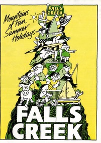 A cartoon image of people on a mountainside engaged in a range of activities.