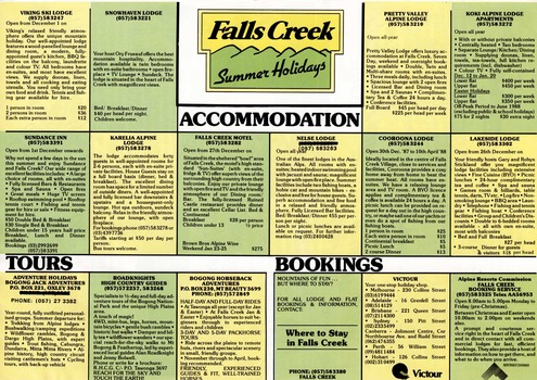 Centre page showing information about accommodation, tours and bookings.