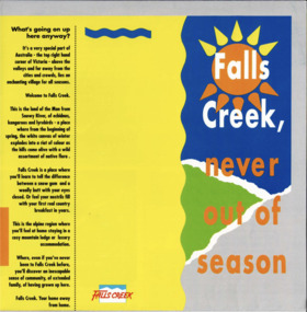 Bright blue and yellow background with symbols of the sun and mountains, Falls Creek emblem and text on left.