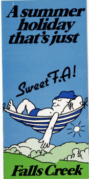 Image of a character reclining in a hammock above the mountains with slocan in black text.